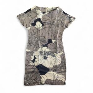 Banana Republic Grey Black White Floral Silk Short Sleeve Short Dress